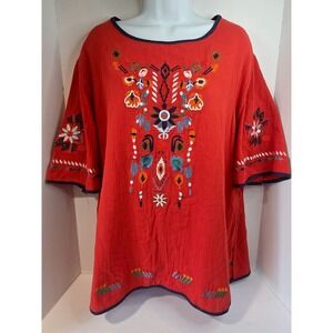 Boho Embroidered Red Cotton Linen Tunic Top Plus Size 3XL Short Sleeve Blouse